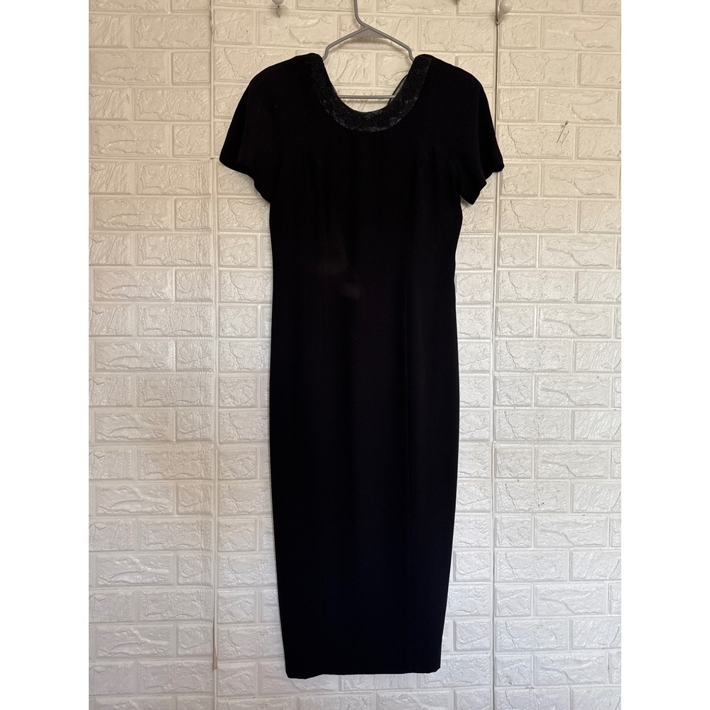 Vintage Black Beaded Neckline Draped Back Midi Dress Womens Size 10 Made in USA